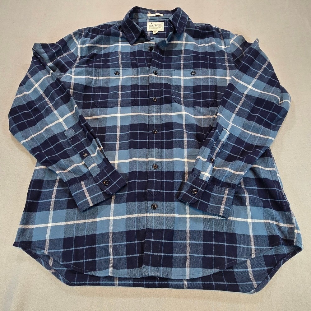 Lucky Brand Flannel Shirt Mens Large Blue‎ Plaid Saturday Stretch Classic Fit